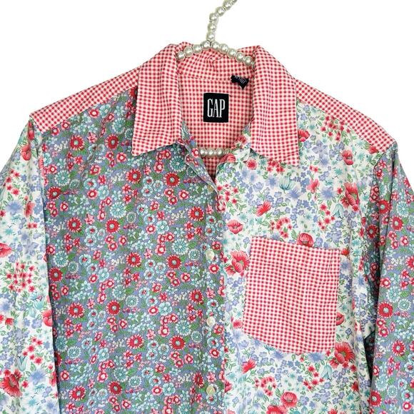 Vintage Gap Brand Gingham Floral Patchwork Shirt XL Boho Cottage Western Retro - Picture 3 of 8